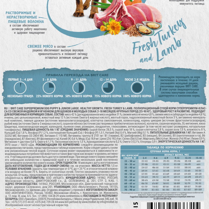 Брит Кеа Dog Puppy&amp;Junior L Healthy Growth сухой корм для щенков крупных пород, с индейкой и ягненком - 1,5 кг