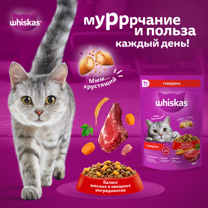 Whiskas Вкусные подушечки с нежным паштетом, сухой корм для взрослых кошек, Аппетитный обед с говядиной - 5 кг