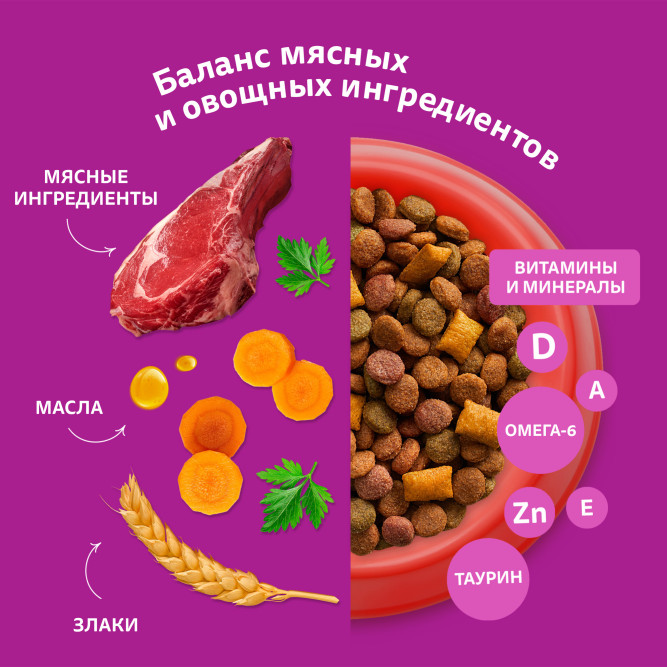 Whiskas Вкусные подушечки с нежным паштетом, сухой корм для взрослых кошек, Аппетитный обед с говядиной - 5 кг