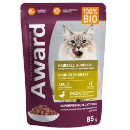 AWARD Hairball &amp; Indoor влажный корм для взрослых домашних кошек, для выведения шерсти, кусочки в соусе с уткой, в паучах - 85 г х 24 шт