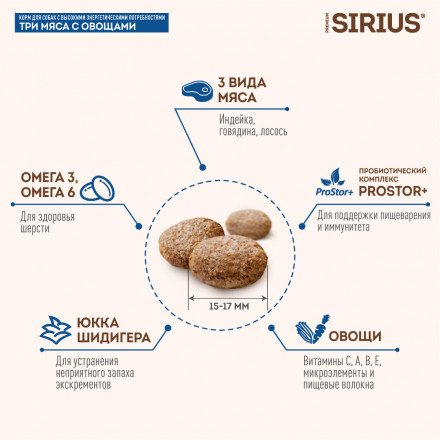 Sirius 3 мяса с овощами при повышенной активности сухой корм для собак 2 кг