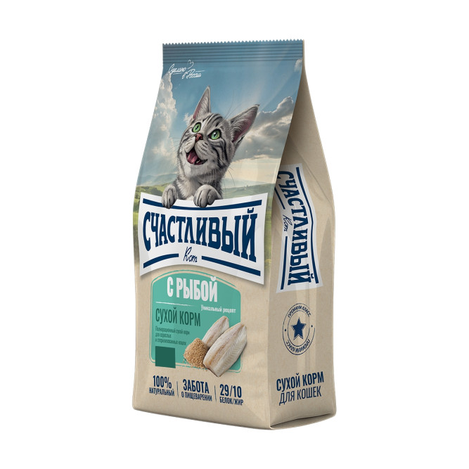 Счастливый кот сухой корм для взрослых стерилизованных кошек с рыбой - 10 кг