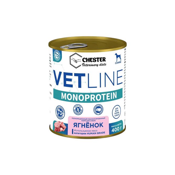 Chester VetLine Monoprotein влажный корм для взрослых собак, с ягненком, в консервах - 400 г х 6 шт