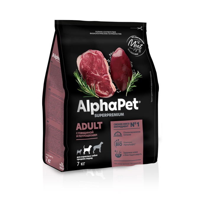 AlphaPet Superpremium сухой полнорационный корм для взрослых собак средних пород с говядиной и потрошками - 7 кг