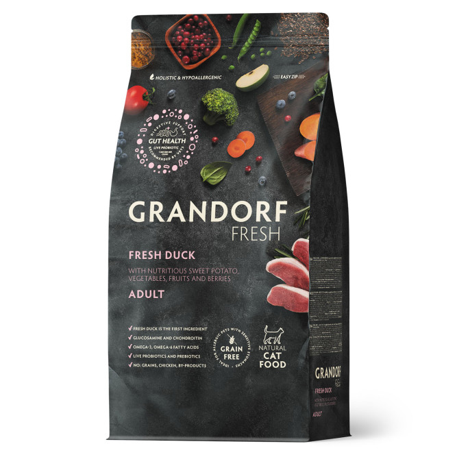 Grandorf Fresh Cat Adult Duck&amp;Sweet Potato сухой беззерновой корм с живыми пробиотиками для взрослых кошек с уткой и бататом - 2 кг
