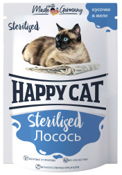 Happy Cat паучи для взрослых стерилизованных кошек с лососем, кусочки в желе (Россия) -  100 г х 24 шт