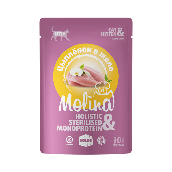Molina влажный дополнительный корм для котят с цыпленком в желе, в паучах - 70 г х 12 шт