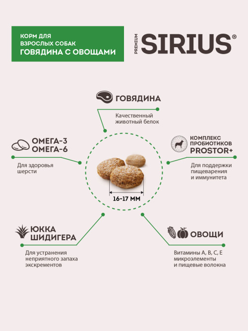 Sirius сухой корм для взрослых собак всех пород, с говядиной и овощами - 2 кг