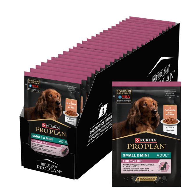 Pro Plan Adult Sensitive Skin влажный корм для взрослых собак мелких и карликовых пород с чувствительной кожей, с лососем в соусе - 85 г x 26 шт