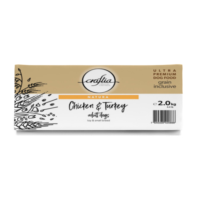 Craftia Natura сухой корм для взрослых собак миниатюрных и мелких пород с курицей и индейкой - 2 кг