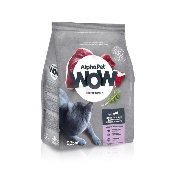 AlphaPet WOW Superpremium сухой полнорационный корм для взрослых домашних кошек и котов с уткой и потрошками - 350 г