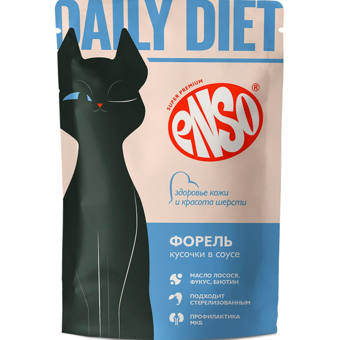 ENSO DAILY DIET влажный корм для взрослых кошек для поддержания здоровья кожи и красоты шерсти, кусочки в соусе с форелью, в паучах - 85 г х 24 шт