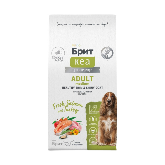 Брит Кеа Dog Adult Medium Healthy Skin&amp;Shiny Coat сухой корм для взрослых собак средних пород для кожи и шерсти с лососем и индейкой - 1,5 кг