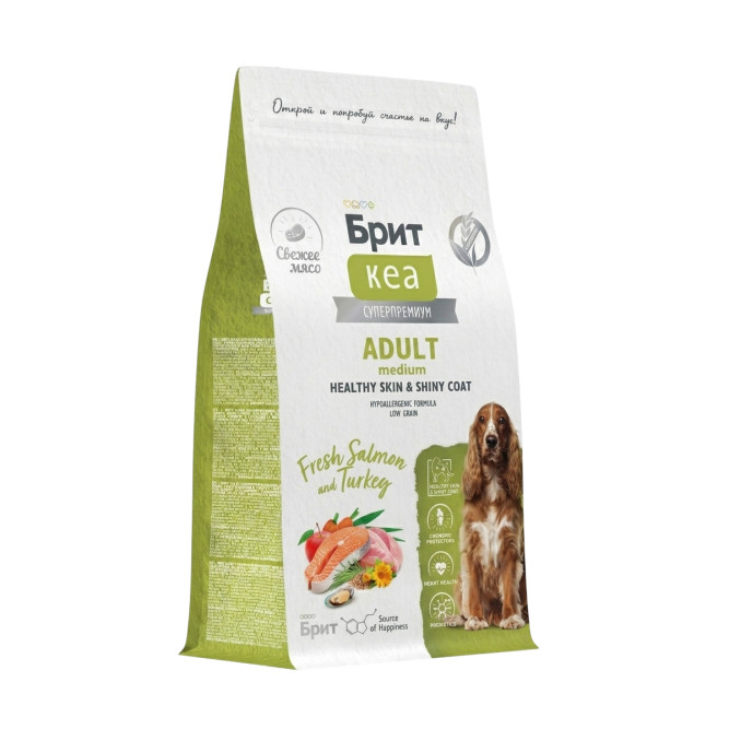 Брит Кеа Dog Adult Medium Healthy Skin&amp;Shiny Coat сухой корм для взрослых собак средних пород для кожи и шерсти с лососем и индейкой - 1,5 кг