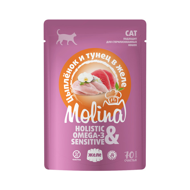 Molina влажный дополнительный корм для взрослых кошек с цыпленком и тунцом в желе, в паучах - 70 г х 12 шт