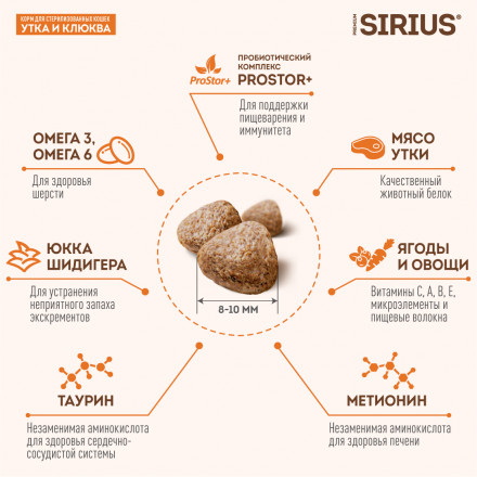 Sirius для стерилизованных с уткой и клюквой сухой корм для кошек 1,5 кг