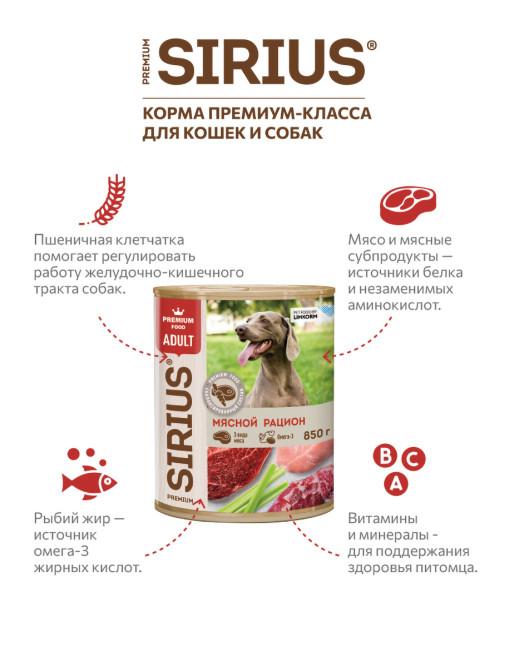 Sirius влажный корм для взрослых собак всех пород, мясной рацион, фарш, в консервах - 850 г х 6 шт