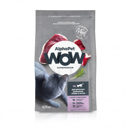 AlphaPet WOW Superpremium сухой полнорационный корм для взрослых домашних кошек и котов с уткой и потрошками - 750 г
