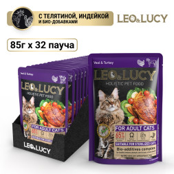 LEO&amp;LUCY влажный холистик корм для взрослых стерилизованных кошек с телятиной и индейкой, кусочки в соусе, в паучах - 85 г х 32 шт