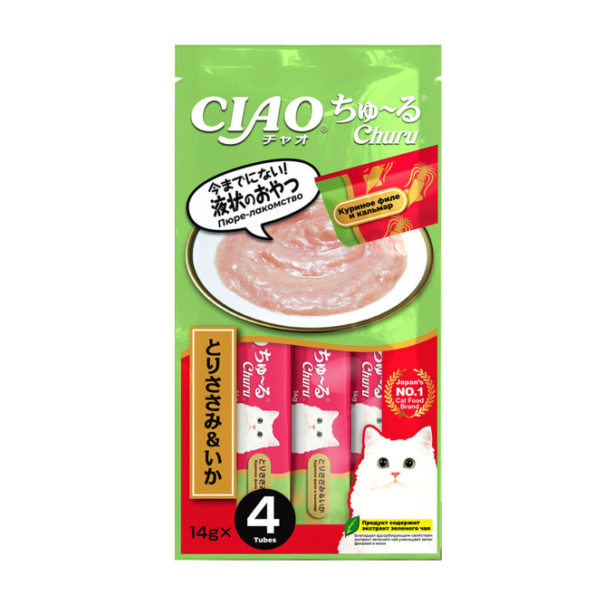Inaba Ciao Churu лакомство-пюре для взрослых кошек с куриным филе и кальмаром - 14 г х 4 шт