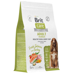 Brit Care Dog Adult M Healthy Skin&amp;Shiny Coat сухой корм для собак средних пород для кожи и шерсти, с лососем и индейкой - 3 кг