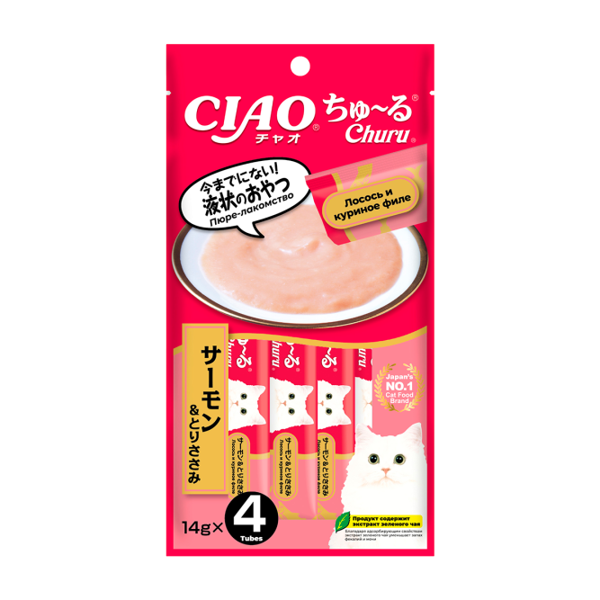 Inaba Ciao Churu лакомство-пюре для взрослых кошек с лососем и куриным филе - 14 г х 4 шт