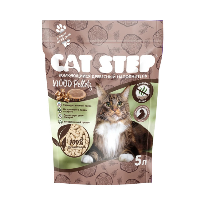 Cat Step Wood Pellets наполнитель древесный комкующийся для кошачьего туалета, для длинношерстных пород, без ароматизатора - 5 л