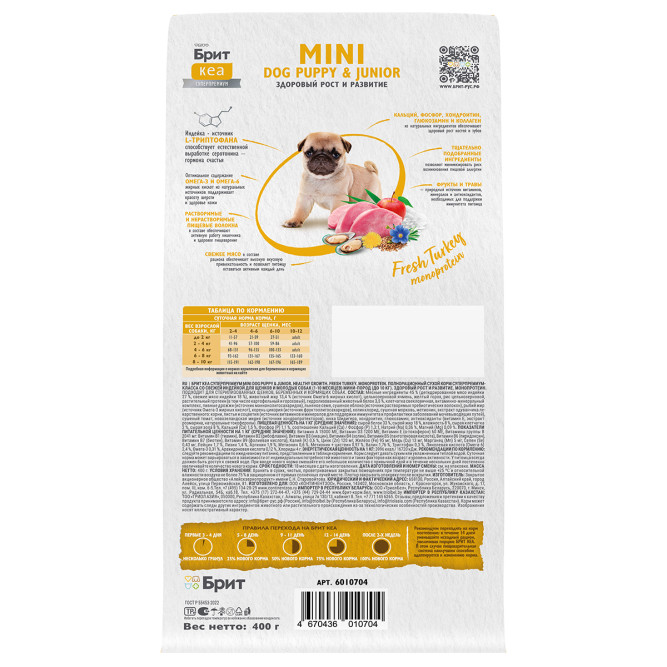 Брит Кеа Мини Dog Puppy&amp;Junior Healthy Growth Monoprotein сухой корм для щенков и молодых (1-10 месяцев) собак мини пород с индейкой - 400 г