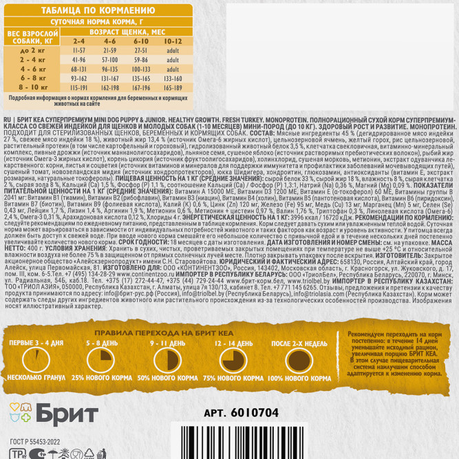 Брит Кеа Мини Dog Puppy&amp;Junior Healthy Growth Monoprotein сухой корм для щенков и молодых (1-10 месяцев) собак мини пород с индейкой - 400 г