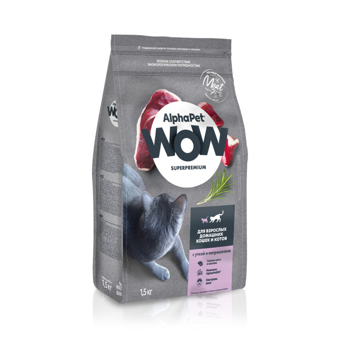 AlphaPet WOW Superpremium сухой полнорационный корм для взрослых домашних кошек и котов с уткой и потрошками - 1,5 кг