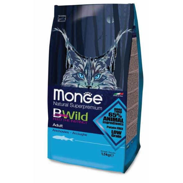Monge Cat Bwild Low Grain сухой низкозерновой корм для взрослых кошек с анчоусами 1,5кг