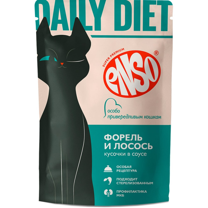 ENSO DAILY DIET влажный корм для взрослых привередливых кошек, кусочки в соусе с форелью и лососем, в паучах - 85 г х 24 шт