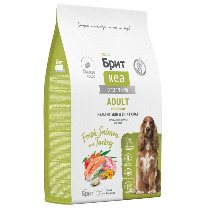 Брит Кеа Dog Adult M Healthy Skin&amp;Shiny Coat сухой корм для взрослых собак средних пород для кожи и шерсти, с лососем и индейкой - 12 кг