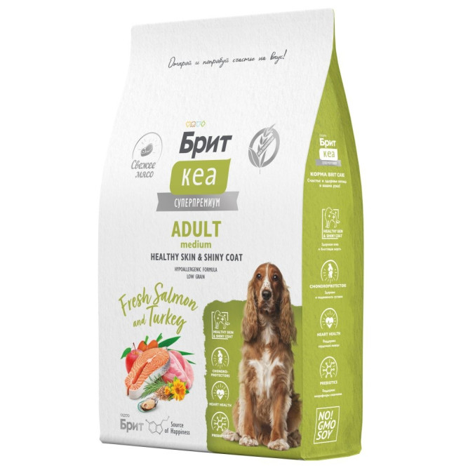 Брит Кеа Dog Adult M Healthy Skin&amp;Shiny Coat сухой корм для взрослых собак средних пород для кожи и шерсти, с лососем и индейкой - 12 кг