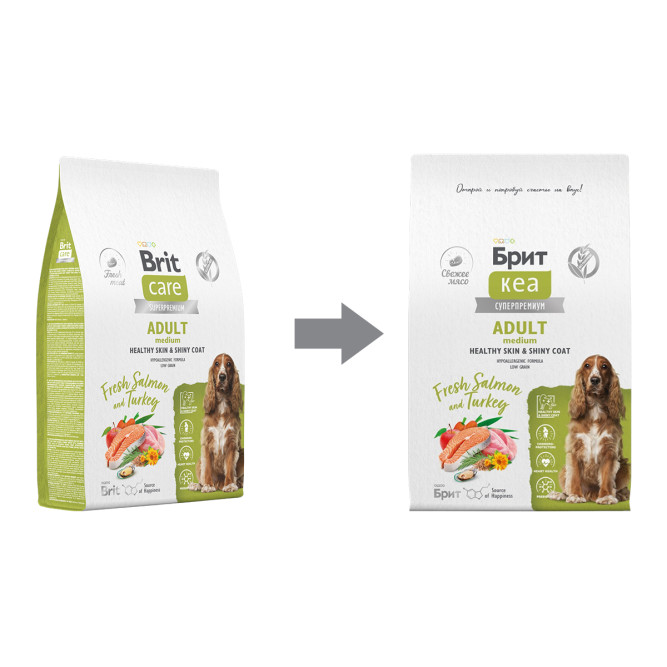 Брит Кеа Dog Adult M Healthy Skin&amp;Shiny Coat сухой корм для взрослых собак средних пород для кожи и шерсти, с лососем и индейкой - 12 кг