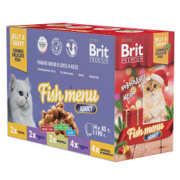 Brit Premium Особые меню влажный корм для взрослых кошек в паучах, Рыбное меню в соусе и желе, Новогодний набор - 85 г х 14 шт