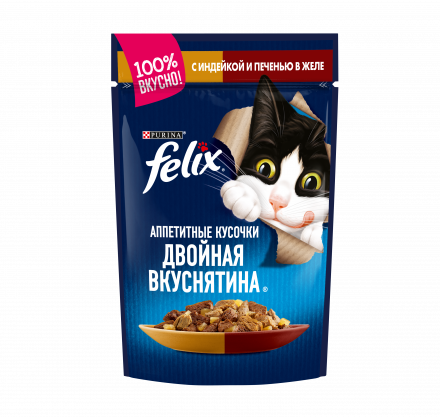 Паучи Felix Аппетитные кусочки Двойная вкуснятина для взрослых кошек с индейкой и печенью в желе - 85 г х 26 шт
