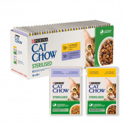 Набор паучей Purina Cat Chow Sterilised для стерилизованных кошек: с курицей и баклажанами; с ягненком и зеленой фасолью - 85 г х 36 шт