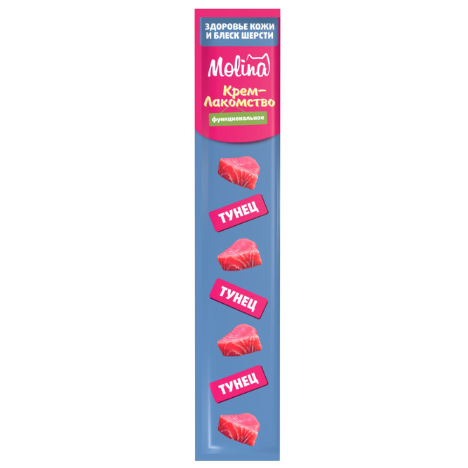 Molina Healthy Skin&amp;Shiny Coat функциональное крем-лакомство для взрослых кошек и котят, здоровая кожа, густая и блестящая шерсть, с тунцом - 48 г