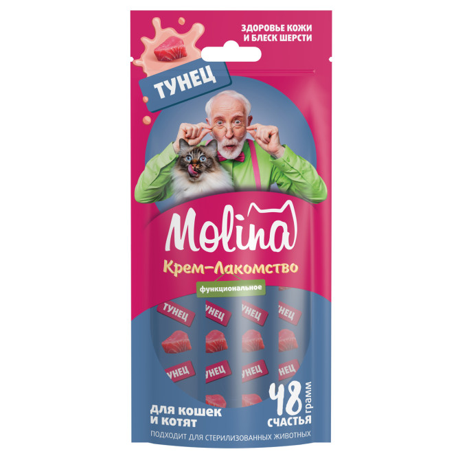 Molina Healthy Skin&amp;Shiny Coat функциональное крем-лакомство для взрослых кошек и котят, здоровая кожа, густая и блестящая шерсть, с тунцом - 48 г