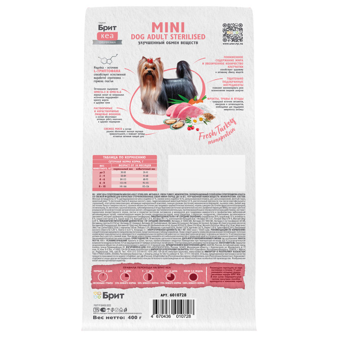 Брит Кеа Мини Dog Adult Sterilised Metabolic Monoprotein сухой корм для взрослых стерилизованных собак мини пород с индейкой - 400 г