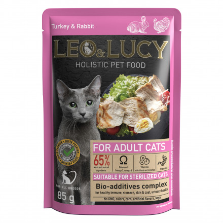 LEO&amp;LUCY влажный холистик корм для взрослых стерилизованных кошек с индейкой и кроликом, кусочки в соусе, в паучах - 85 г х 32 шт