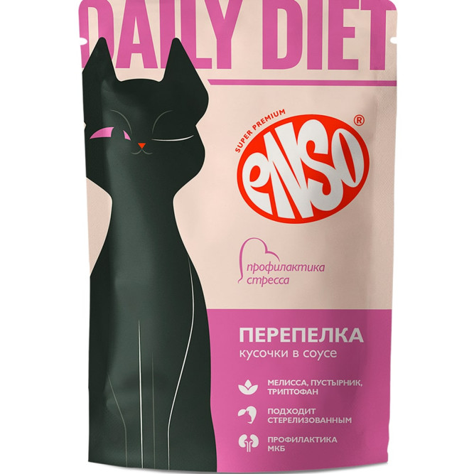 ENSO DAILY DIET влажный корм для взрослых кошек для профилактики стресса, кусочки в соусе с перепелкой, в паучах - 85 г х 24 шт