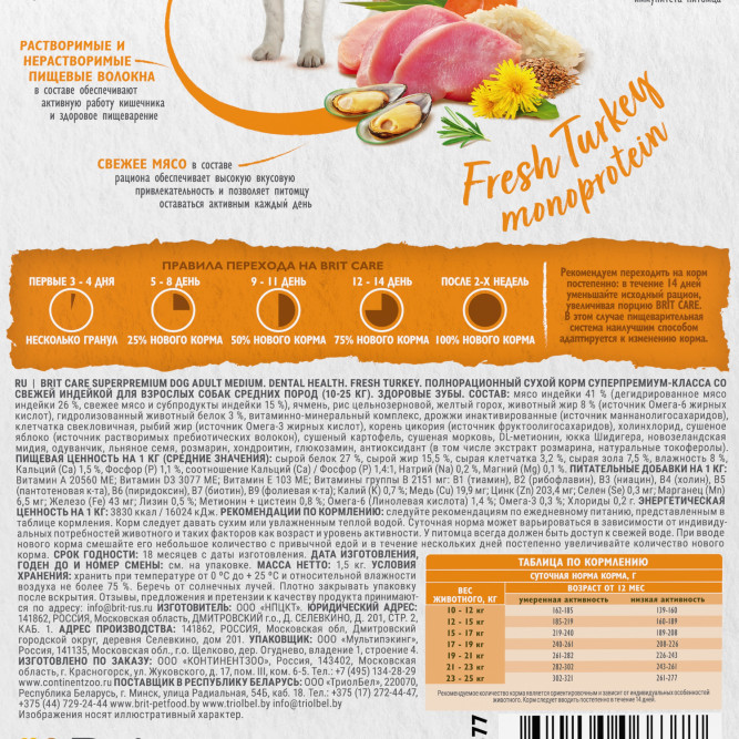 Брит Кеа Dog Adult M Dental Health сухой корм для взрослых собак средних пород для здоровья полости рта, с индейкой - 1,5 кг