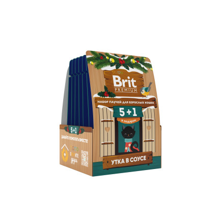 Brit Premium кормушка набор паучей для взрослых кошек с уткой, кусочки в соусе - 85 г х 5+1 шт