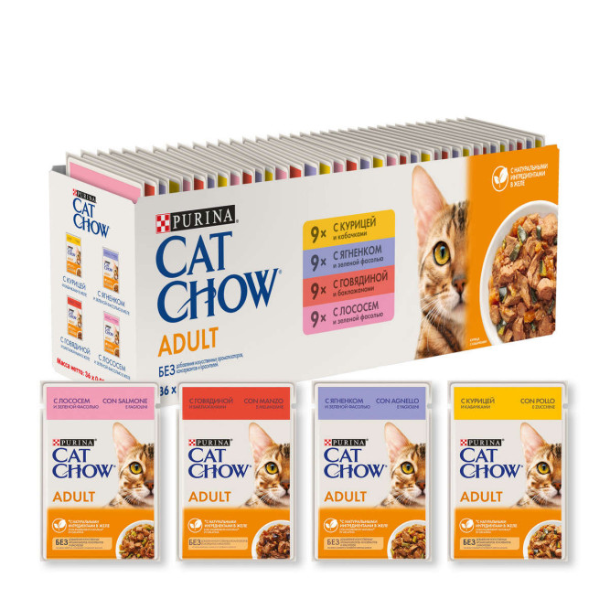 Набор паучей Purina Cat Chow Adult для взрослых кошек: с курицей и кабачками; с говядиной и баклажанами; с лососем и зеленой фасолью; с ягненком и зеленой фасолью - 85 г х 36 шт