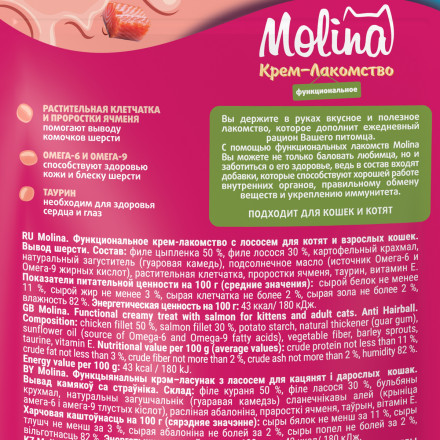 Molina AntiHairball функциональное крем-лакомство для взрослых кошек и котят, для выведения комков шерсти из желудка, с лососем - 48 г
