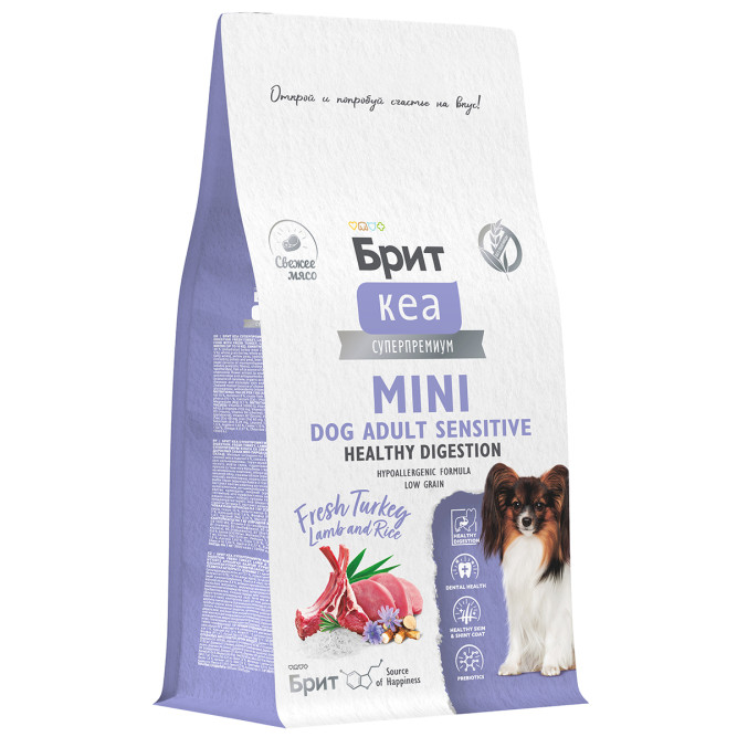 Брит Кеа Мини Dog Adult Sensitive Healthy Digestion сухой корм для взрослых собак мини пород при чувствительном пищеварении с индейкой, ягненком и рисом - 400 г