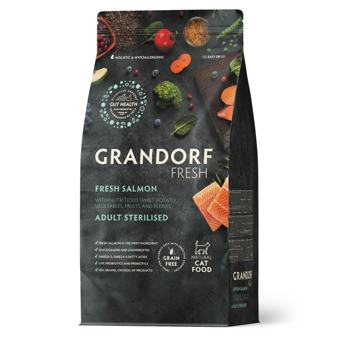 Grandorf Fresh Cat Sterilised Salmon&amp;Sweet Potato сухой беззерновой корм с живыми пробиотиками для взрослых стерилизованных кошек с филе лосося и бататом - 2 кг