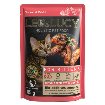 LEO&amp;LUCY влажный холистик корм для стерилизованных котят с кроликом и курицей, кусочки в соусе, в паучах - 85 г х 32 шт